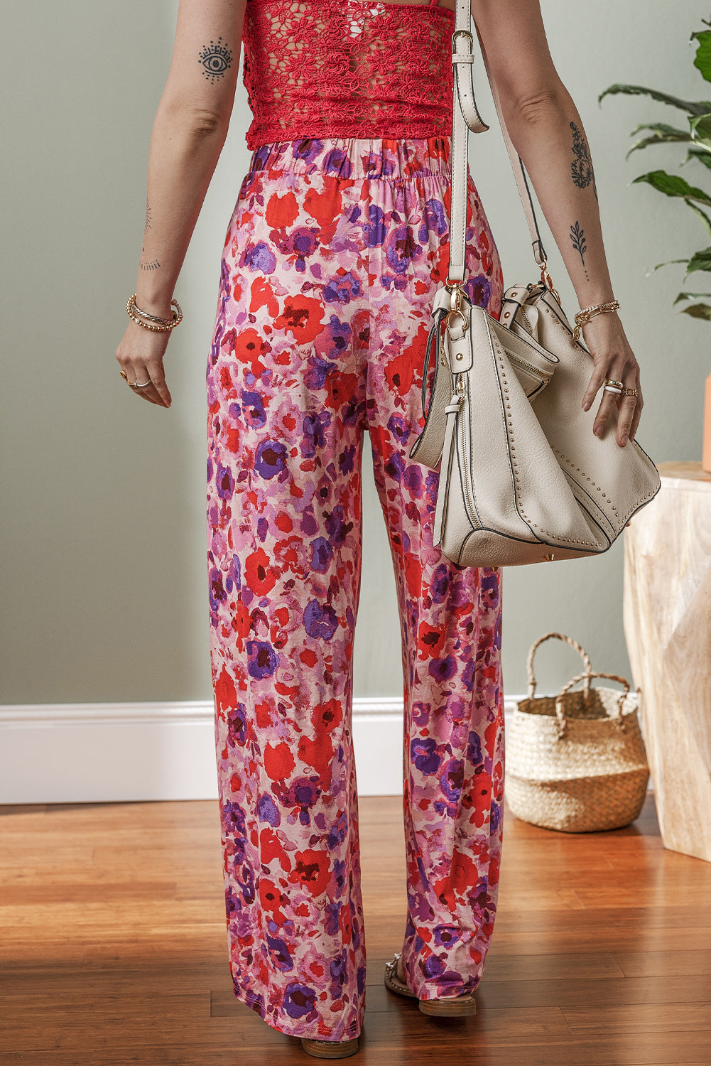 Purple Floral Wide Leg Elastic High Waist Pants 🇨🇳