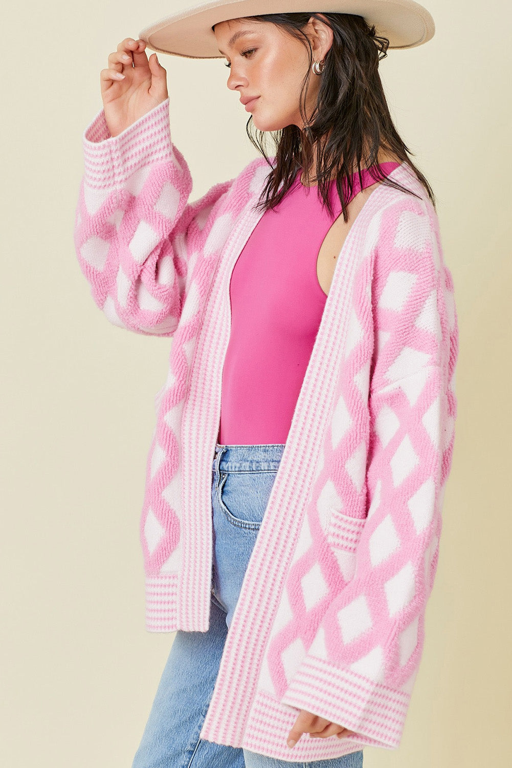 Pink Rhombus Pattern Knit Open Front Pocketed Cardigans 🇺🇲