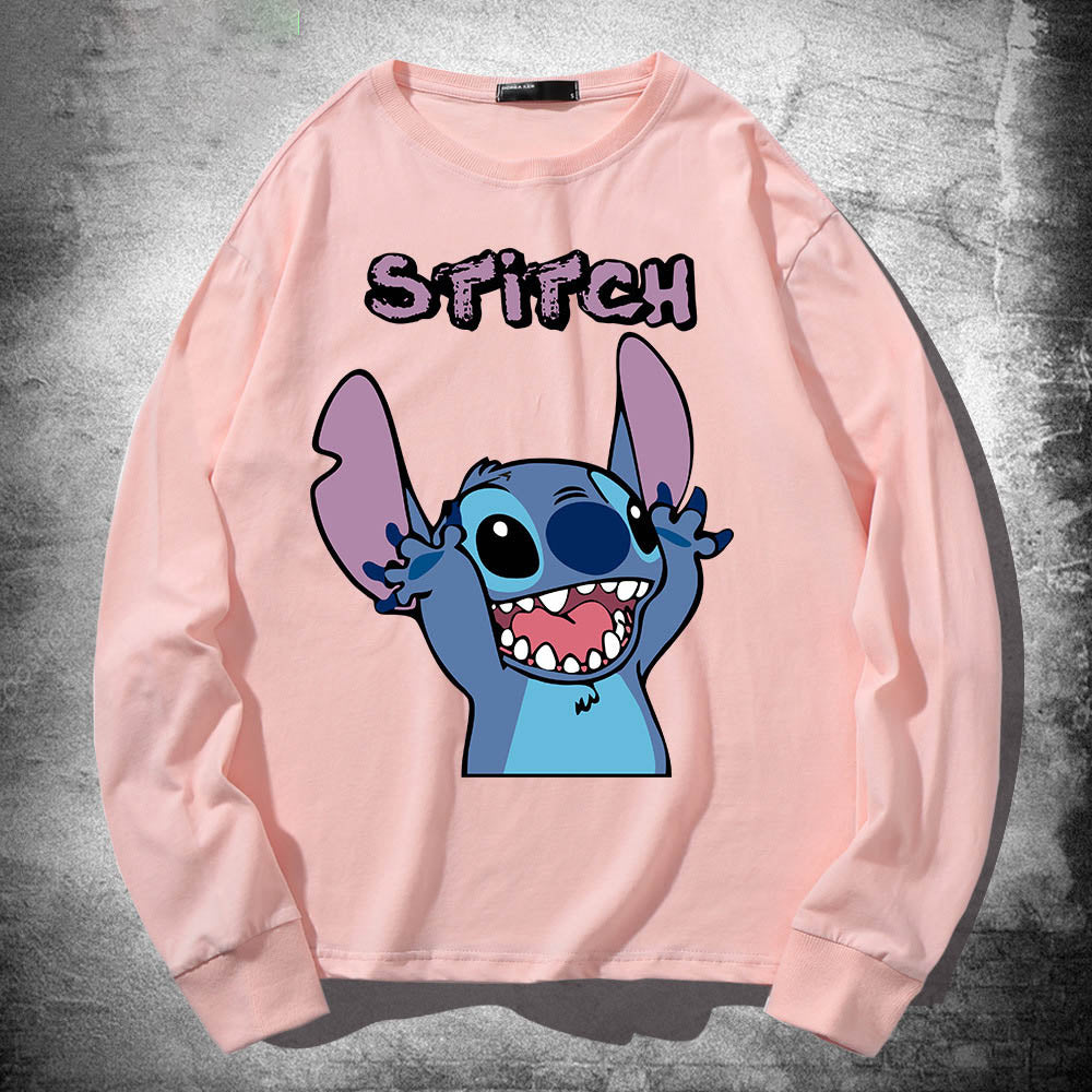 Stitch Long Sleeved T Shirt For Men and Women, Thin Pure Cotton, Loose Fitting, Like Couples Outfit, Round Neck Base Shirt, Clothes On Top 🇨🇳