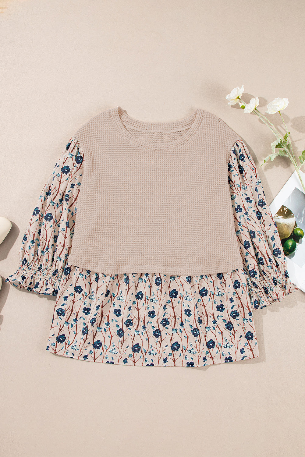 Beige Faux Two Piece Knit Patchwork Floral Print Plus Size Top 🇨🇳