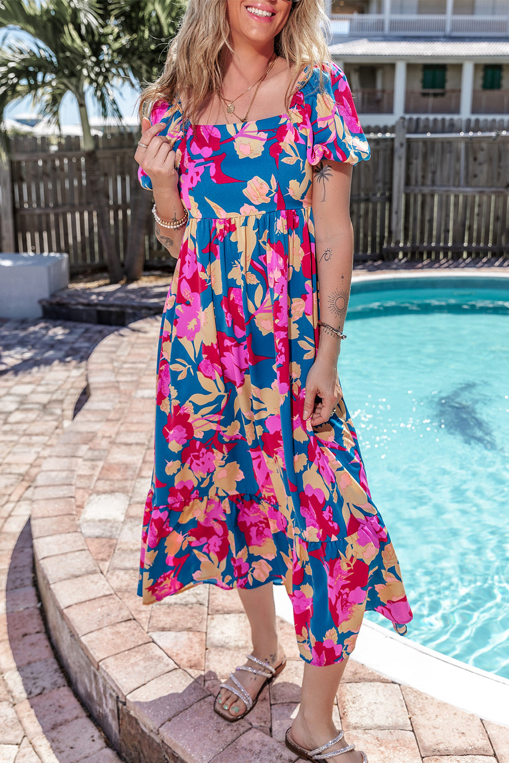Dark Blue Square Neck Bubble Sleeve Ruffled Floral Dress 🇺🇸