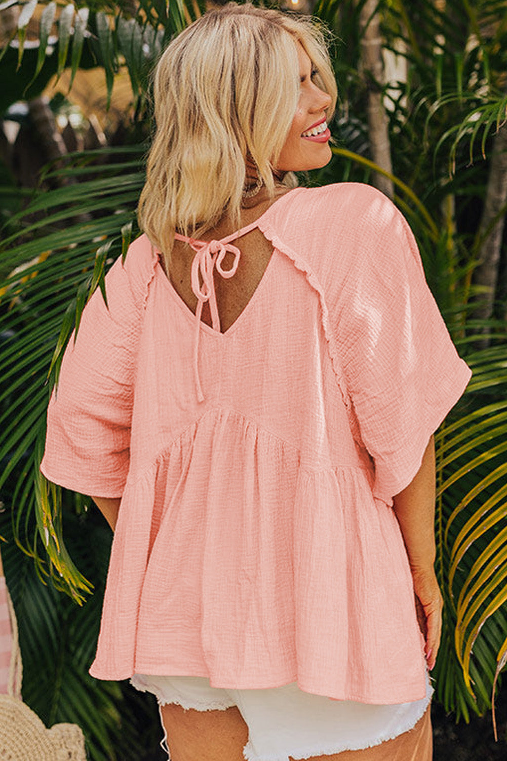 Apricot Pink Plus Size Textured Wide Short Sleeve Babydoll Blouse 🇨🇳