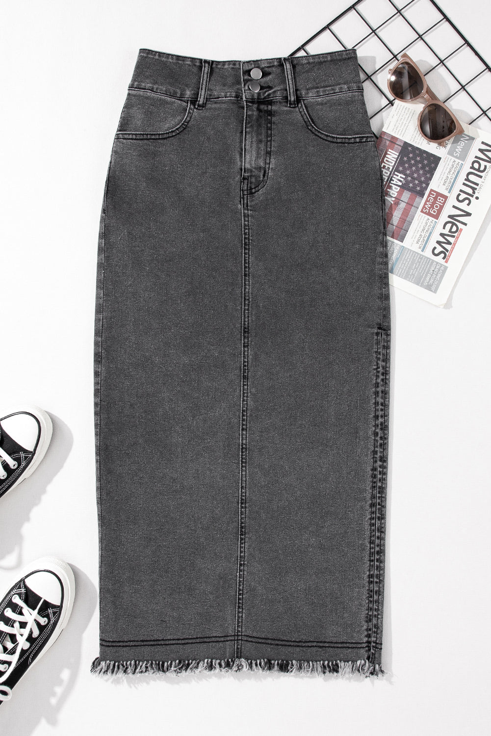 Black Raw Edge Side Slits Buttoned Midi Denim Skirt 🇺🇸