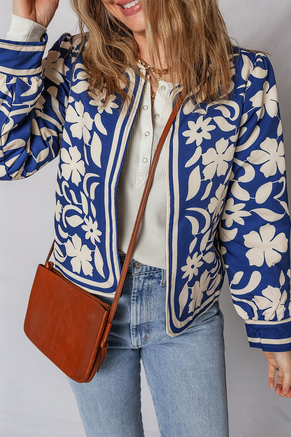 Blue Flower Print Open Front Buttoned Cuffs Elegant Jacket 🇺🇸