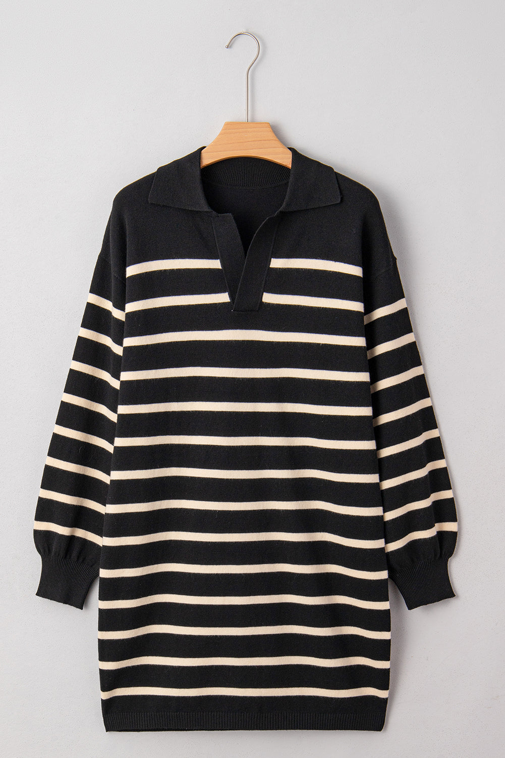 Black Stripe Polo Collar Puff Sleeve Sweater Mini Dress 🇺🇸