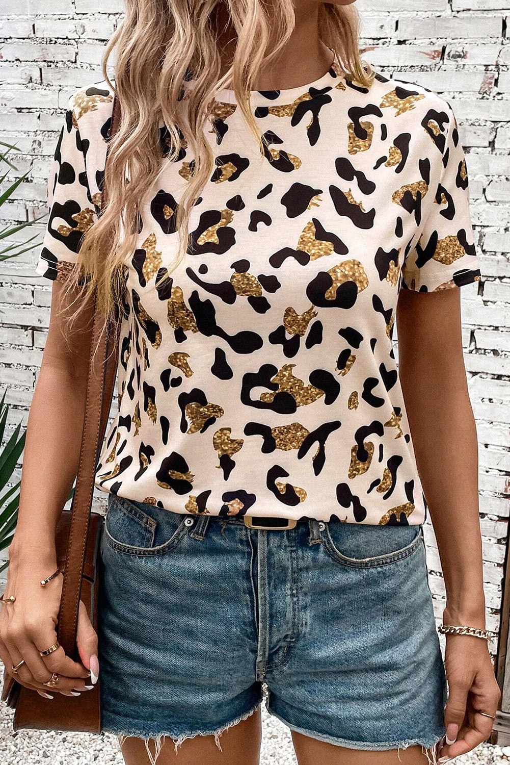 Apricot Leopard Print Round Neck Casual T Shirt 🇨🇳