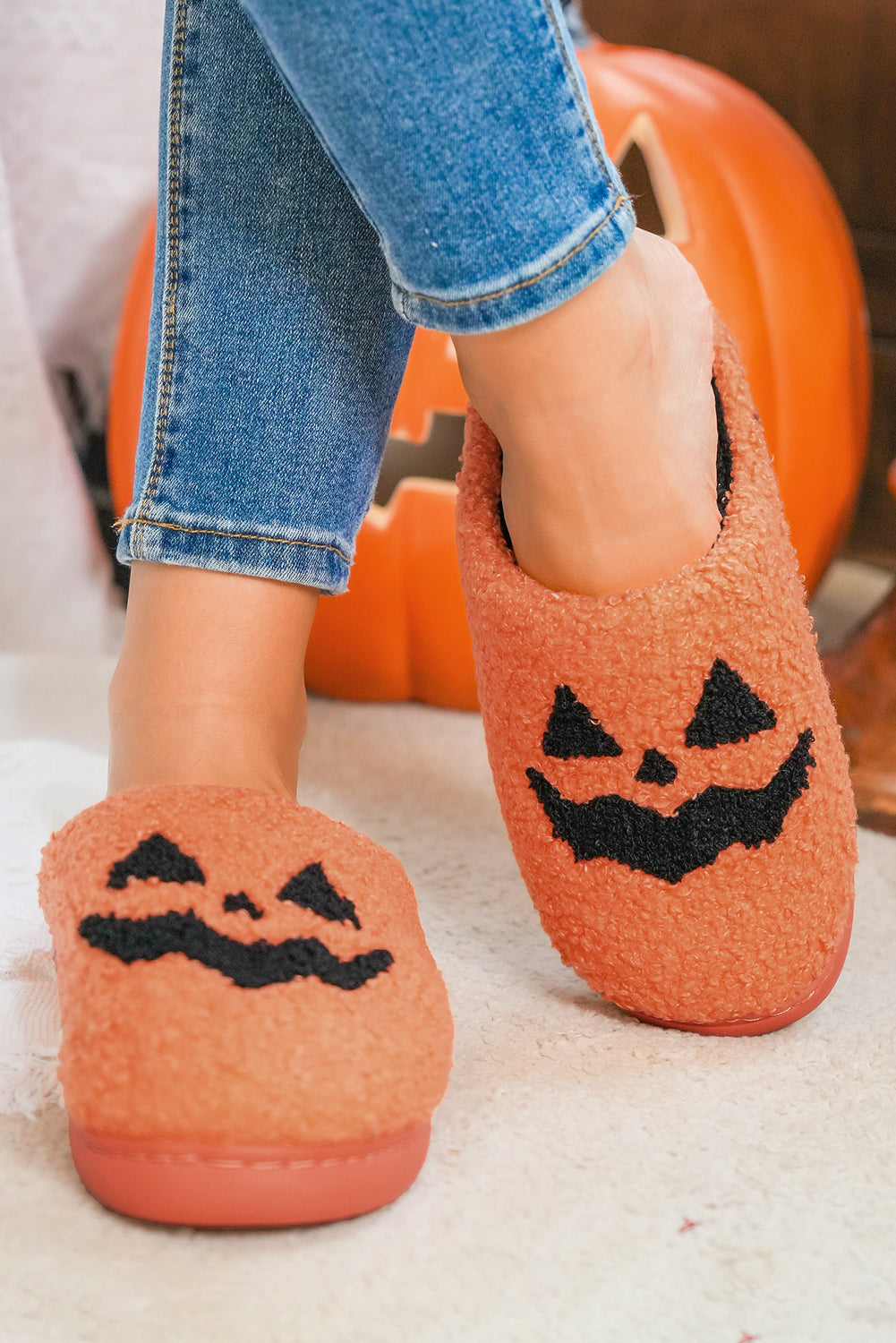 Orange Halloween Pumpkin Face Graphic Plush Slippers 🇺🇸