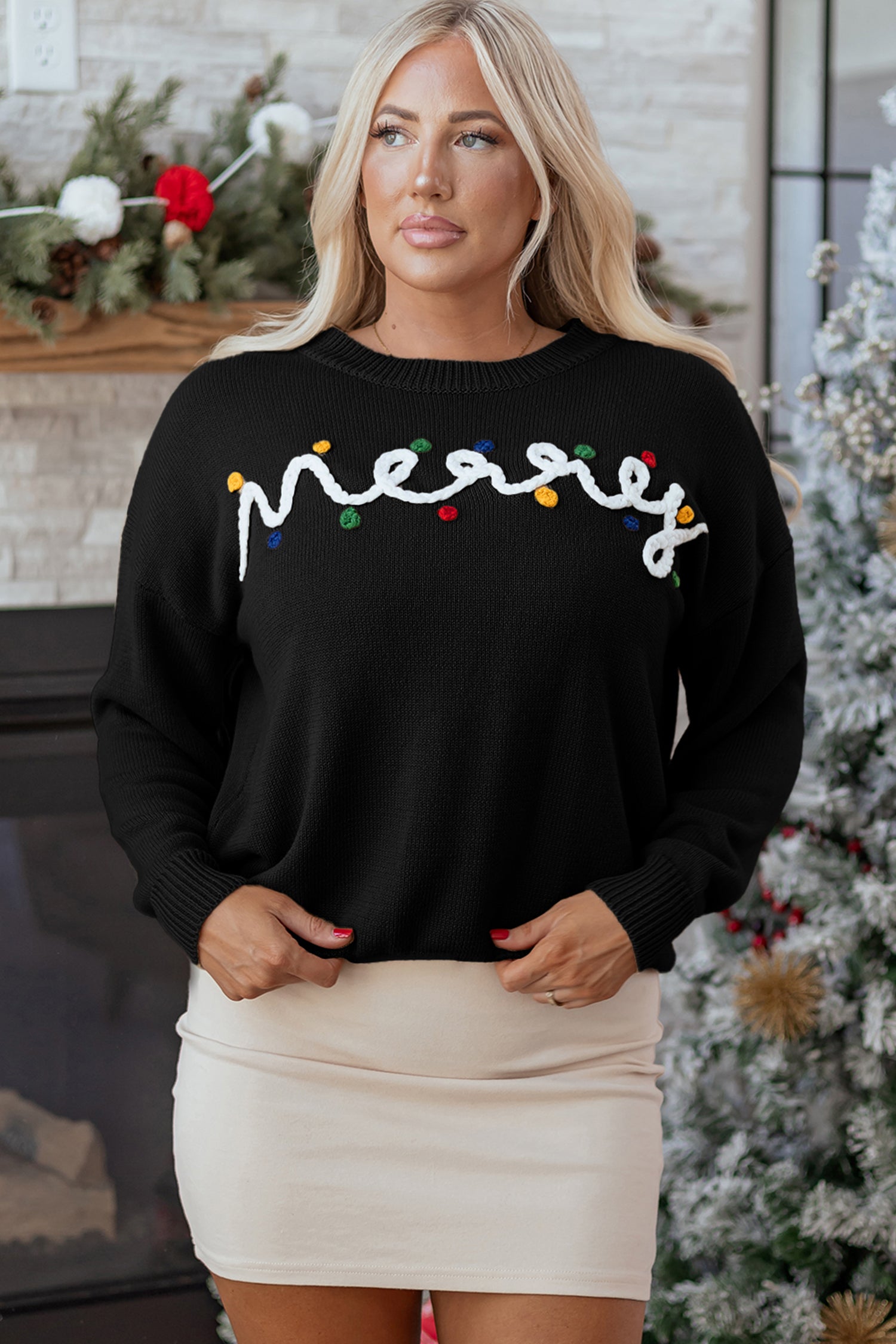 Black Merry Colorful Dot Detail Christmas Drop Shoulder Sweater 🇺🇸