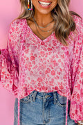 Pink Floral Puff Sleeve Split Neck Lightweight Blouse 🇺🇸
