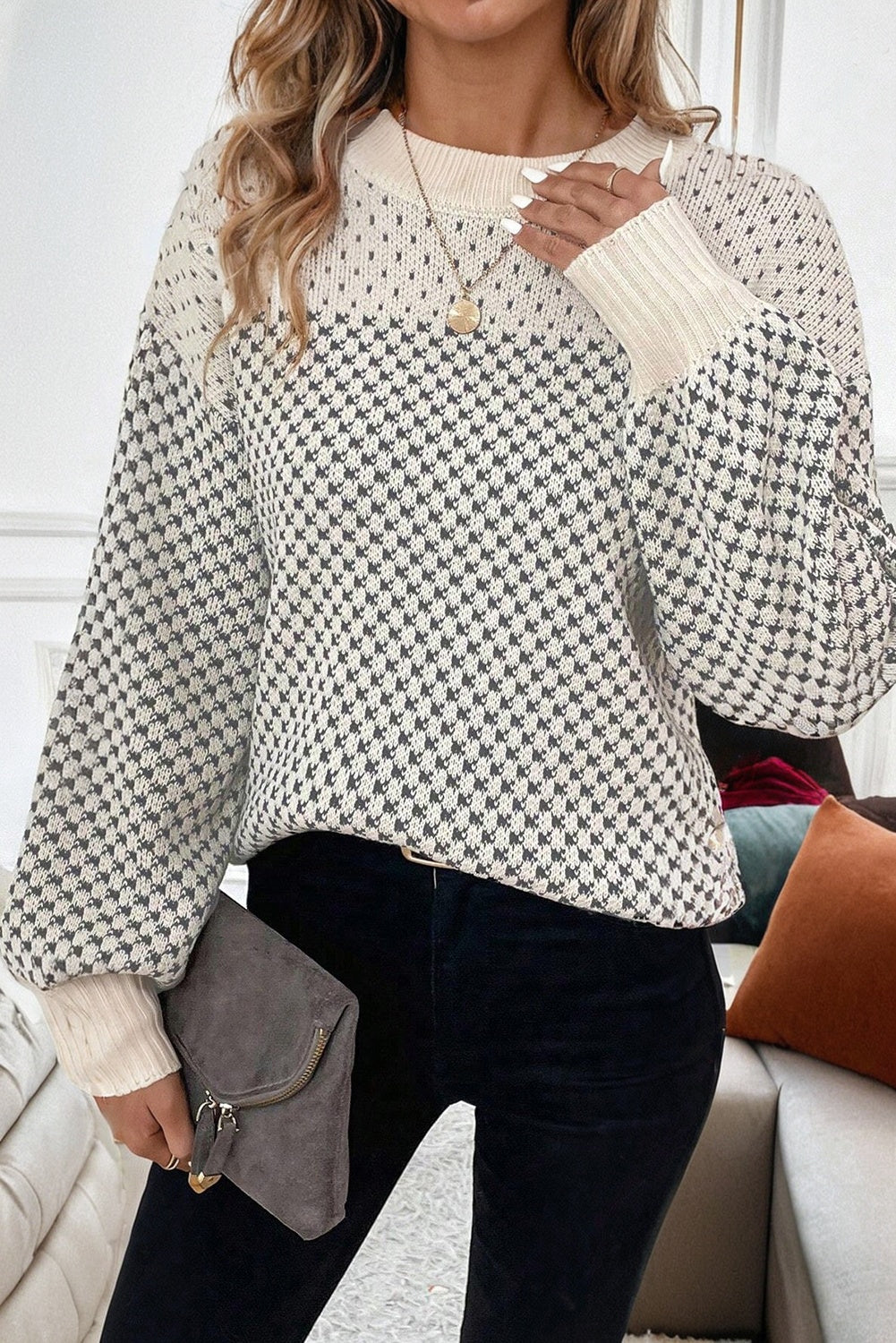 Black Contrast Color Pattern Lantern Sleeve Sweater 🇺🇸