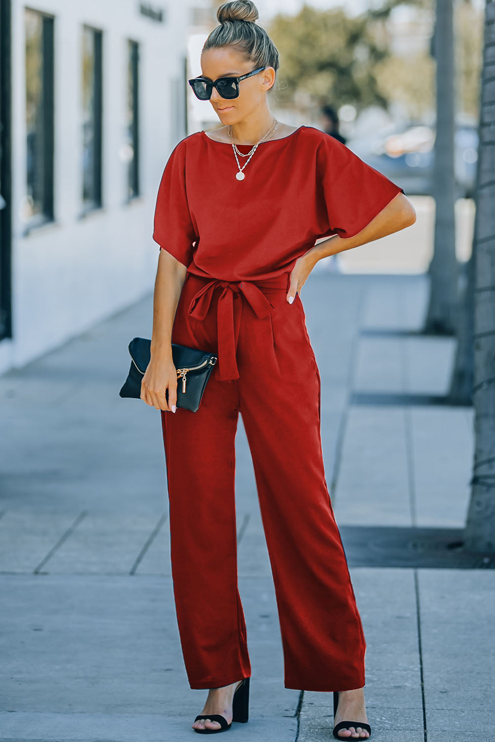 Fiery Red Belted Wide Leg Jumpsuit 🇺🇸