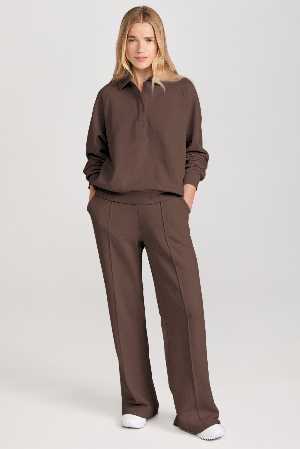 Dark Brown Solid Collared Sweatshirt and High Waist Pants Active Set 🇺🇸