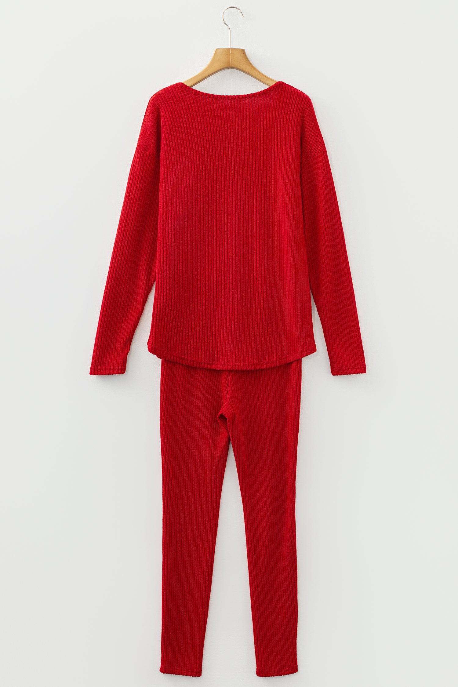 Racing Red Ribbed Notched Neck Knit Long Sleeve Leggings Two Pieces Lounge Set 🇺🇸