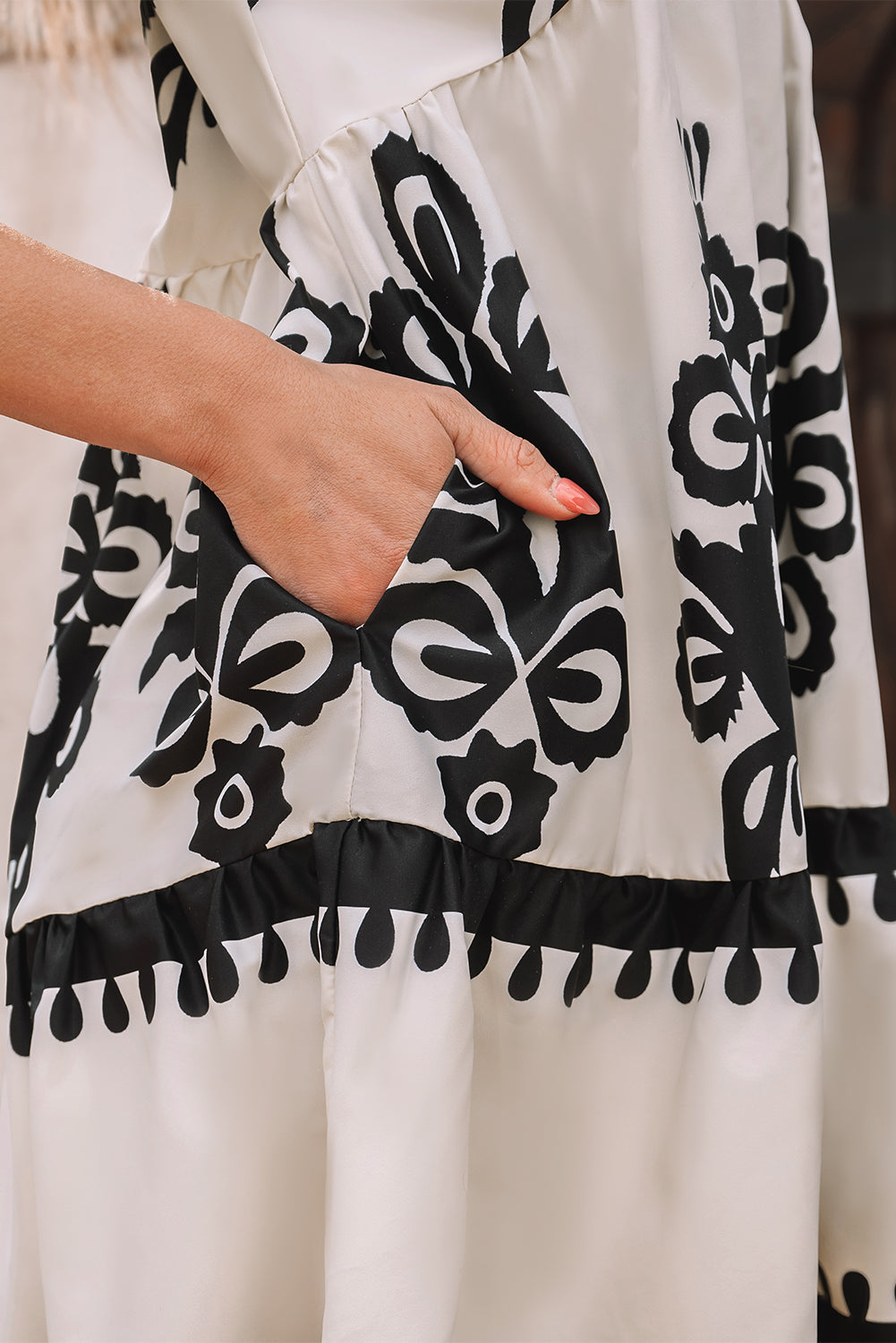 Black Vintage Print V Neck High Waist Short Sleeve Dress 🇨🇳