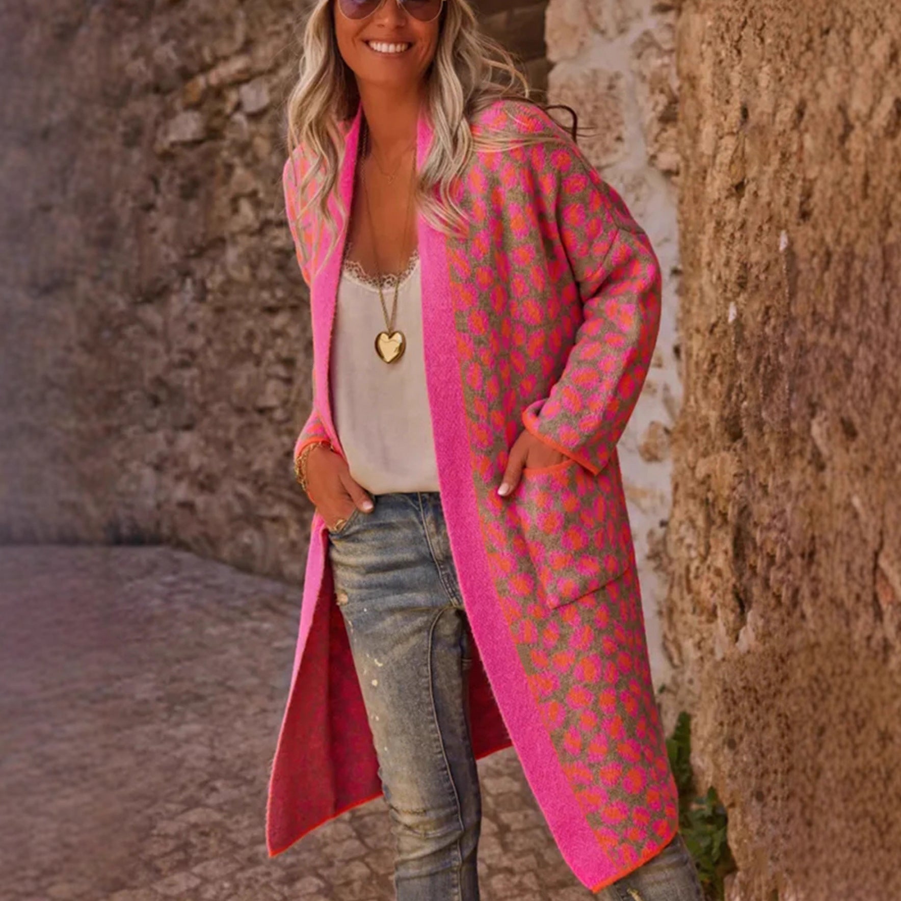 Color Block Leopard Print Long Knit Retro Pocket Cardigan 🇨🇳