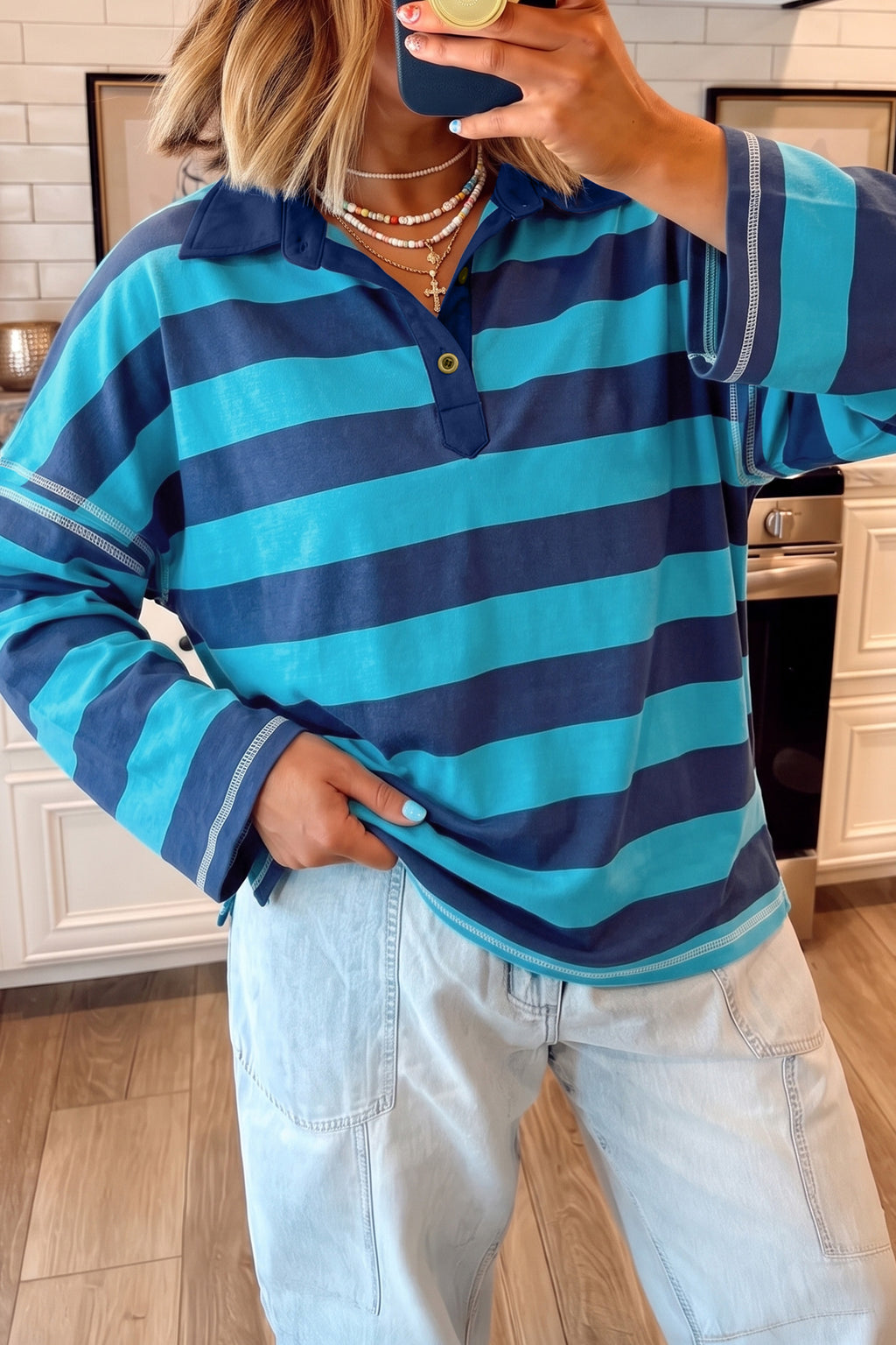 Blue Stripe Contrast Polo Collar Bracelet Sleeve Loose Top 🇺🇸