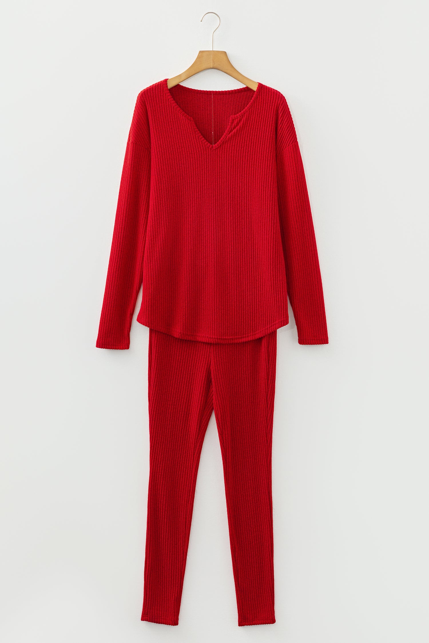 Racing Red Ribbed Notched Neck Knit Long Sleeve Leggings Two Pieces Lounge Set 🇺🇸