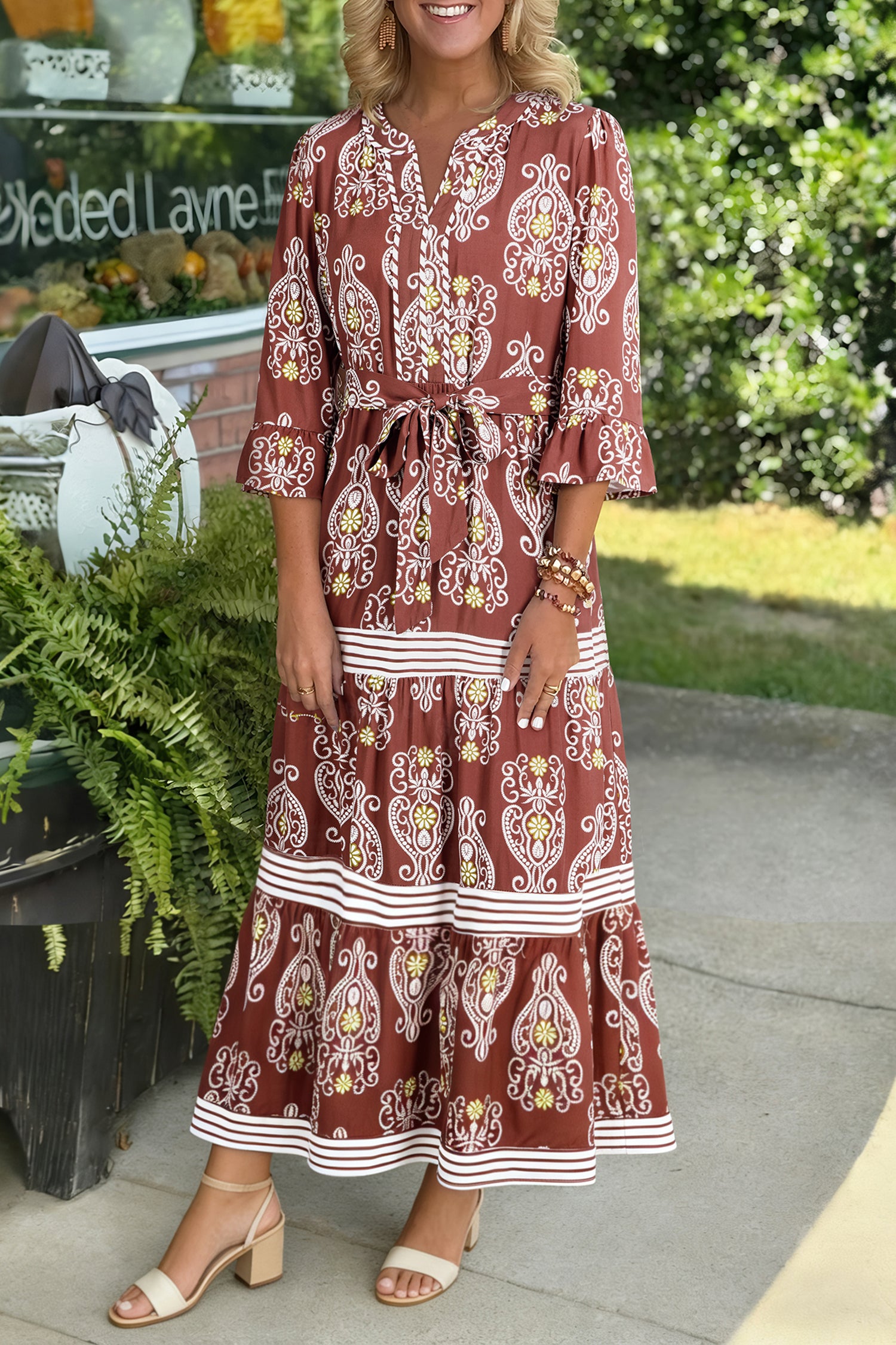 Brown Floral Print Belted Striped Trim Tiered Maxi Dress 🇺🇸