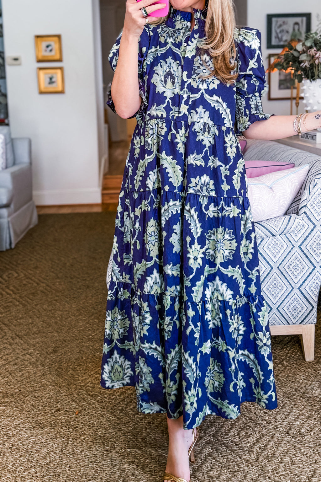 Blue Wild Floral Print Frilled Collar Half Sleeve Long Dress 🇺🇸