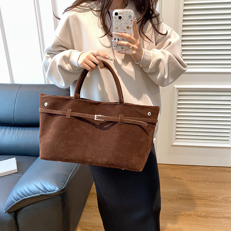 2025 Hot Sale Decorative Design Solid Faux Suede Handbag Large Capacity Casual Tote Bags For Women Tote Design Portable Shoulder Bag 🇨🇳