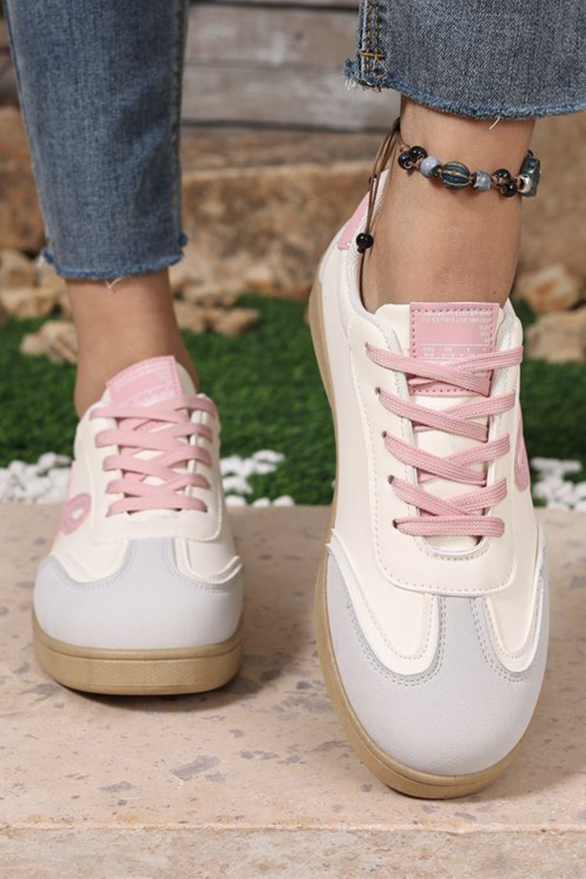 Pink Cute Bow Patch Color Block PU Leather Sneakers 🇺🇸