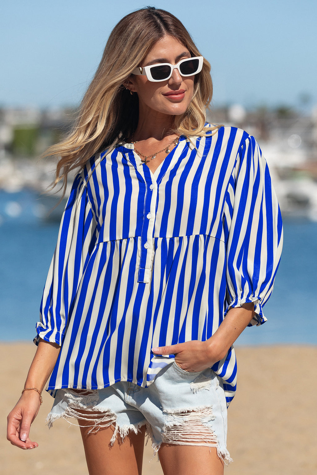 Sky Blue Stripe Balloon Sleeve Loose Button up Shirt 🇺🇸