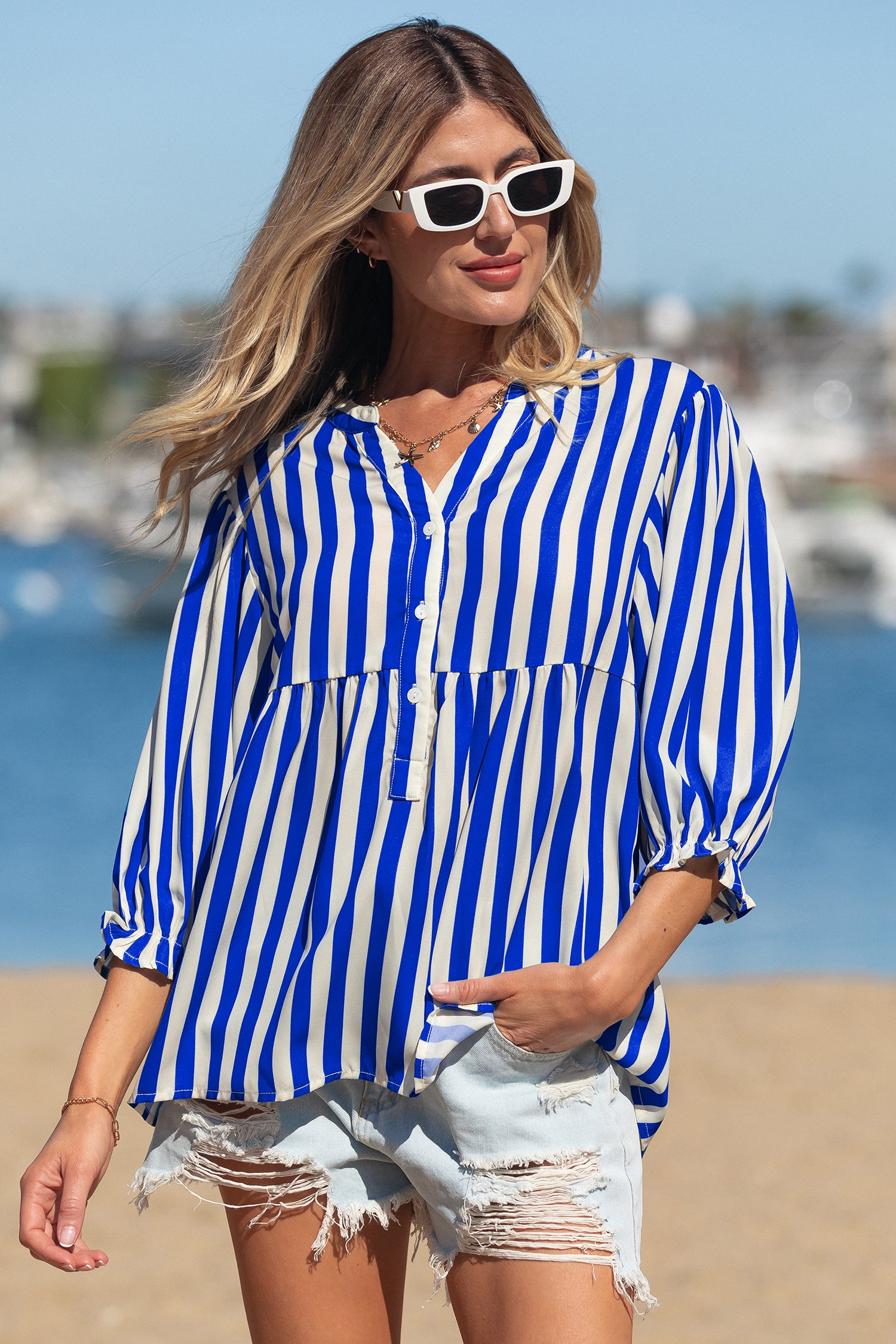 Sky Blue Stripe Balloon Sleeve Loose Button up Shirt 🇺🇸