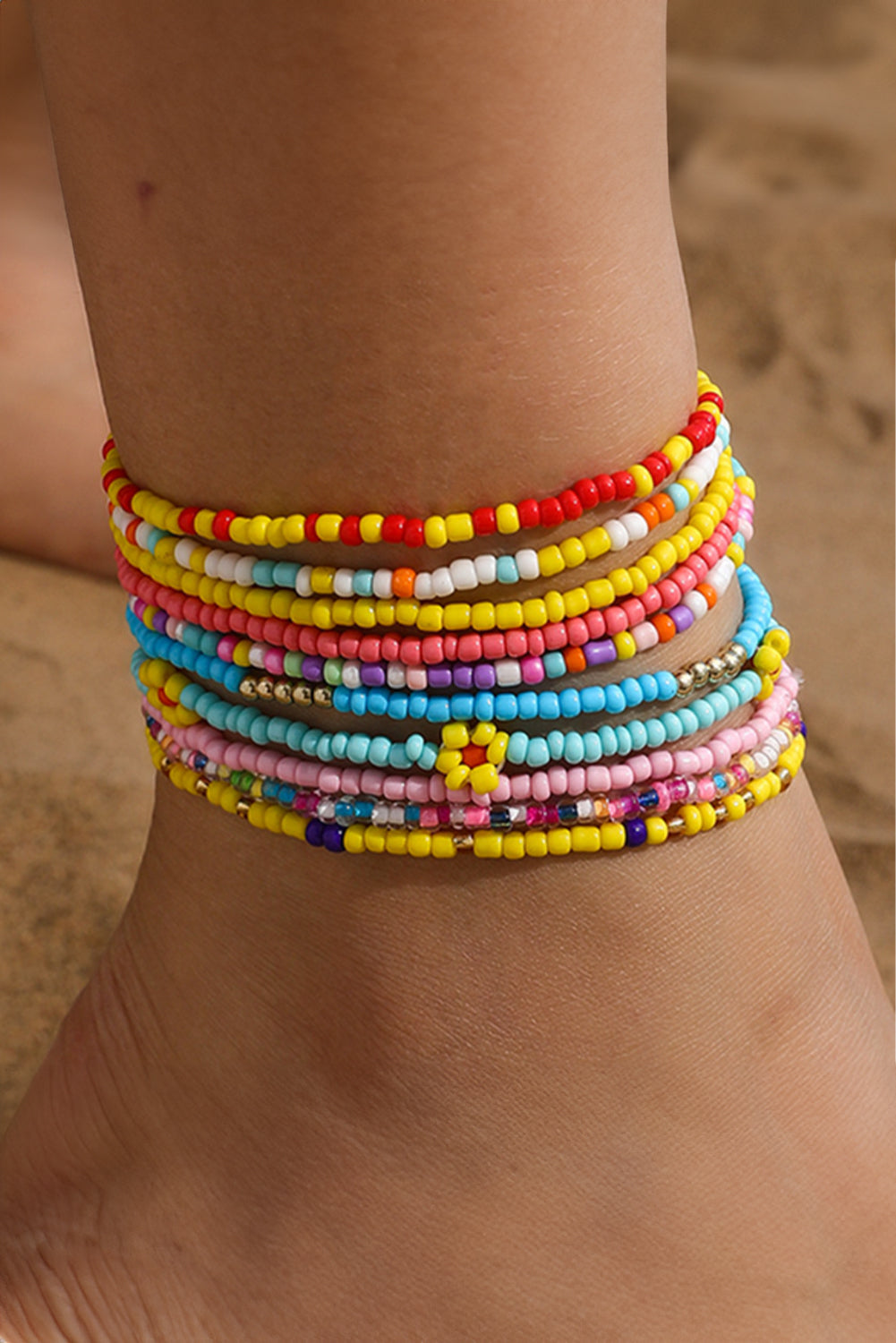 Yellow Flower Random Color Multi Layered Beaded Anklet Set 🇨🇳
