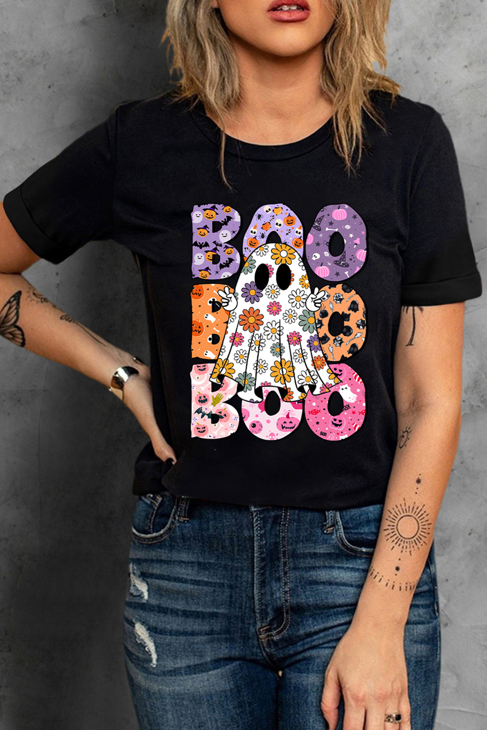 Black BOO Floral Ghost Print Crew Neck Halloween T Shirt 🇺🇲