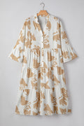 Khaki Patterned Ruffled Sleeve Half Placket Tiered A-line Plus Size Long Dress 🇺🇸