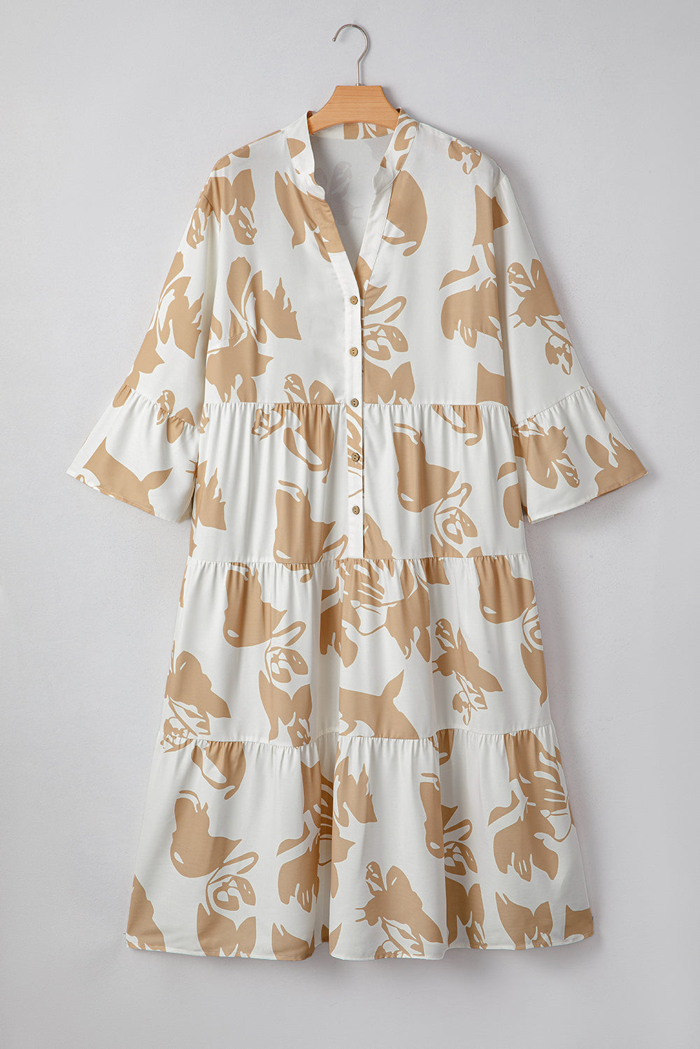 Khaki Patterned Ruffled Sleeve Half Placket Tiered A-line Plus Size Long Dress 🇺🇸