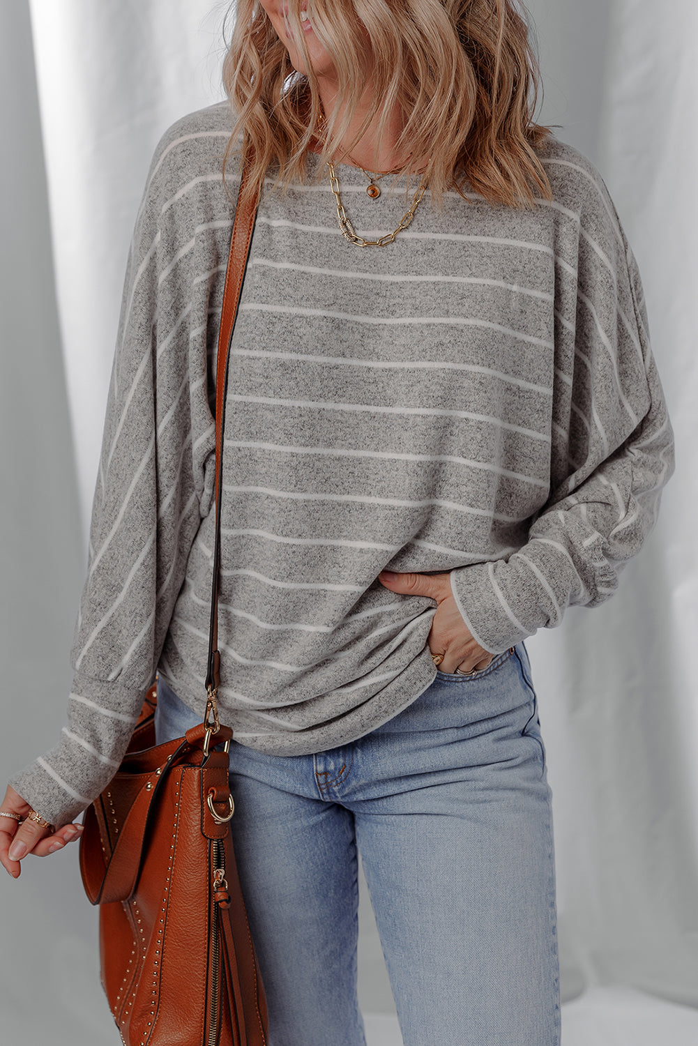 Gray Stripe Dolman Sleeve Drop Shoulder Top 🇺🇸