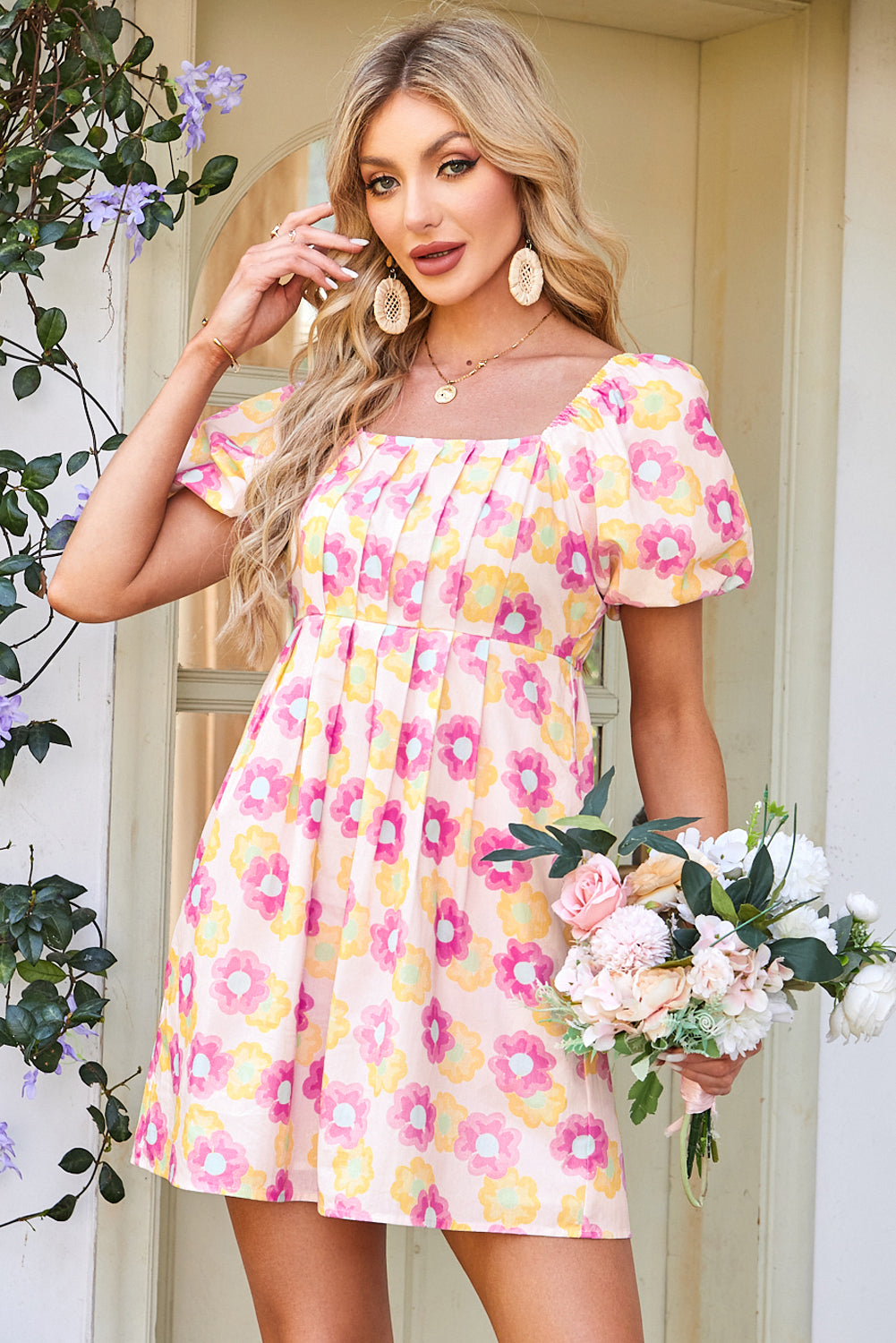 Rose Vibrant Floral Square Neck Puff Sleeve Pleated Flared Midi Dress 🇺🇸