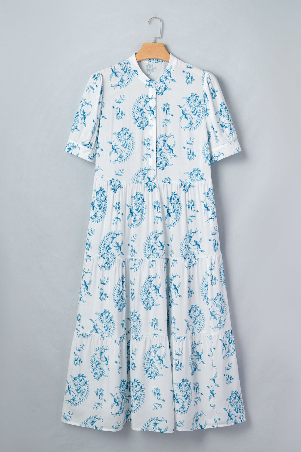 Sky Blue Plus Size Geometric Floral Print Button Split Neck Short Sleeve Maxi Dress 🇺🇸