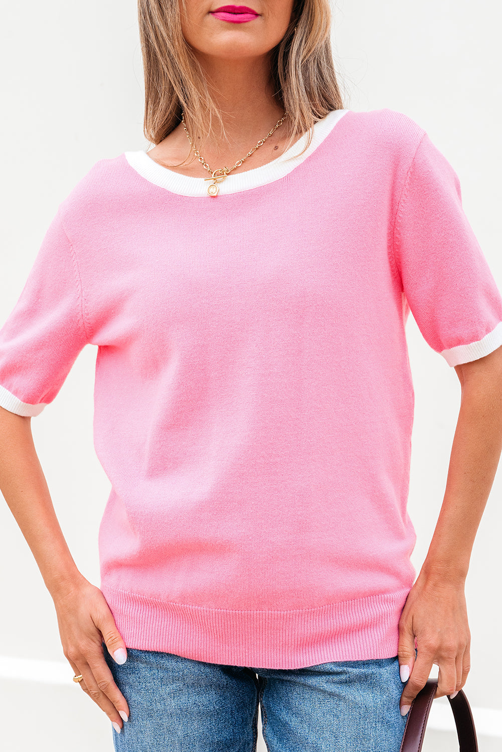 Bonbon Colorblock Bow V-Shape Cut Back Short Sleeve Sweater 🇨🇳