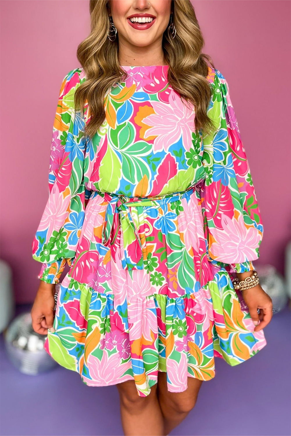 Green Multicolor Botanical Bubble Sleeve Mini Dress 🇺🇸
