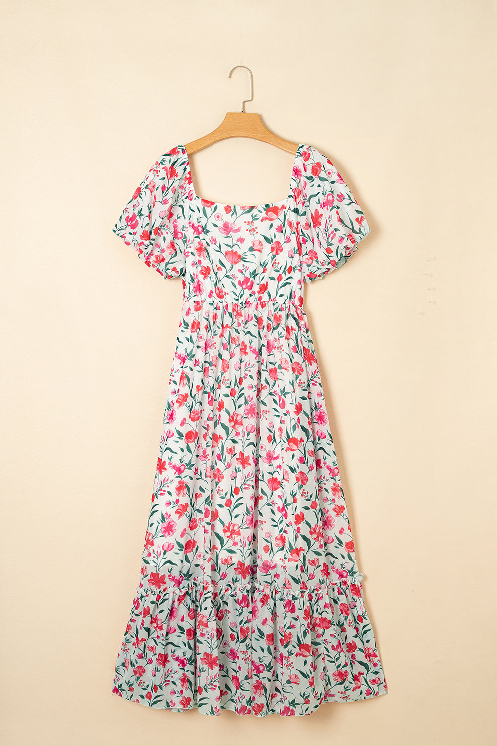 Pink Floral Puff Sleeve Square Neck Empire Waist Tiered Maxi Dress 🇨🇳