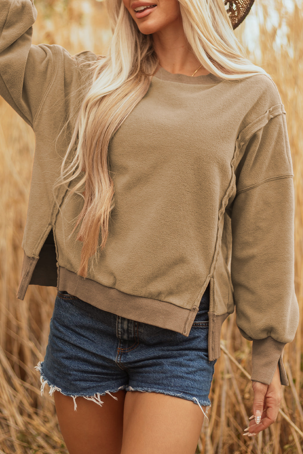 Dark Khaki Fuzzy Sherpa Splicing Pullover Sweatshirt with Side Slit 🇺🇸