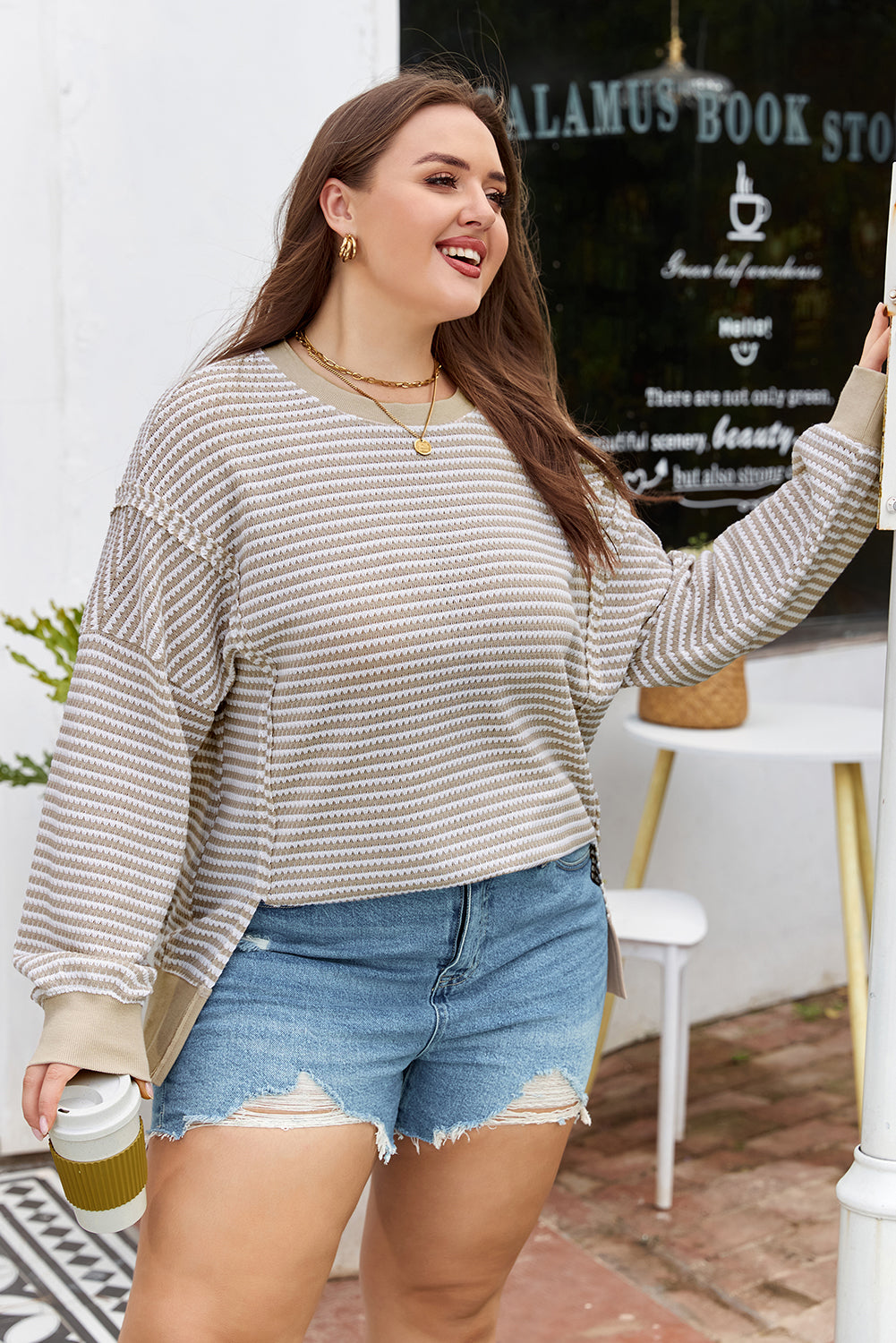 Brown Stripe Plus Size Breathable Knit Ribbed Trim Long Sleeve Top 🇺🇸