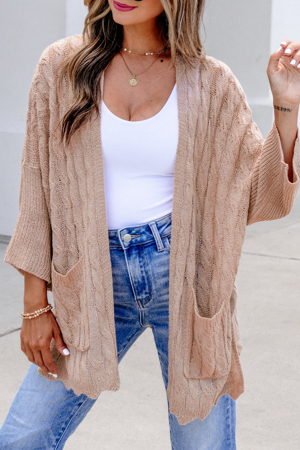 Old Rose Hollowed Pattern Knit Drop Shoulder Open Sweater Cardigan 🇺🇸