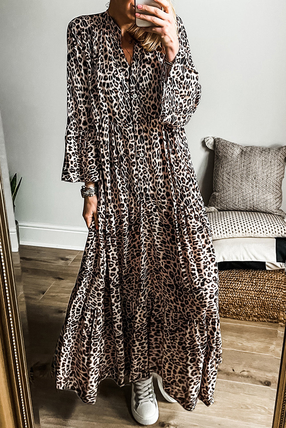 Apricot Leopard Print Tiered Wide Sleeve Maxi Dress 🇺🇸