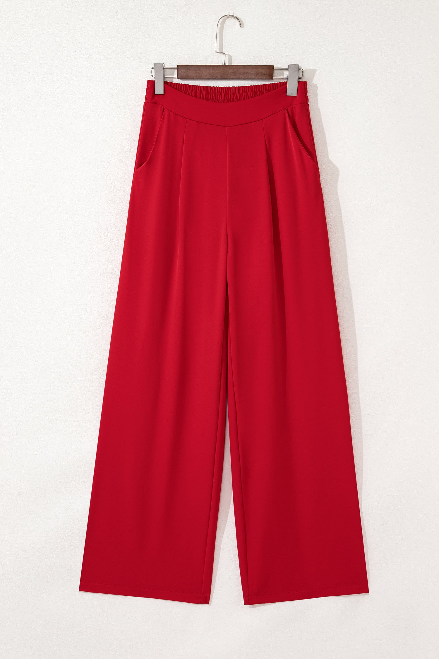 Fiery Red Pleated Detail Pull On High Elastic Waist Loose Straight Pants 🇺🇸