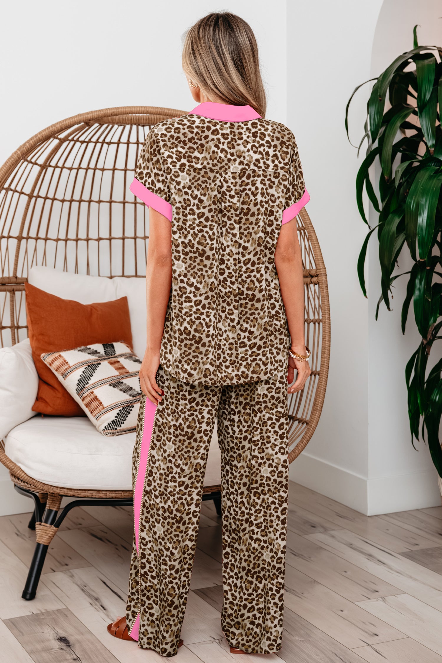 Brown Contrast Trim Leopard Top and Pant Set 🇺🇸