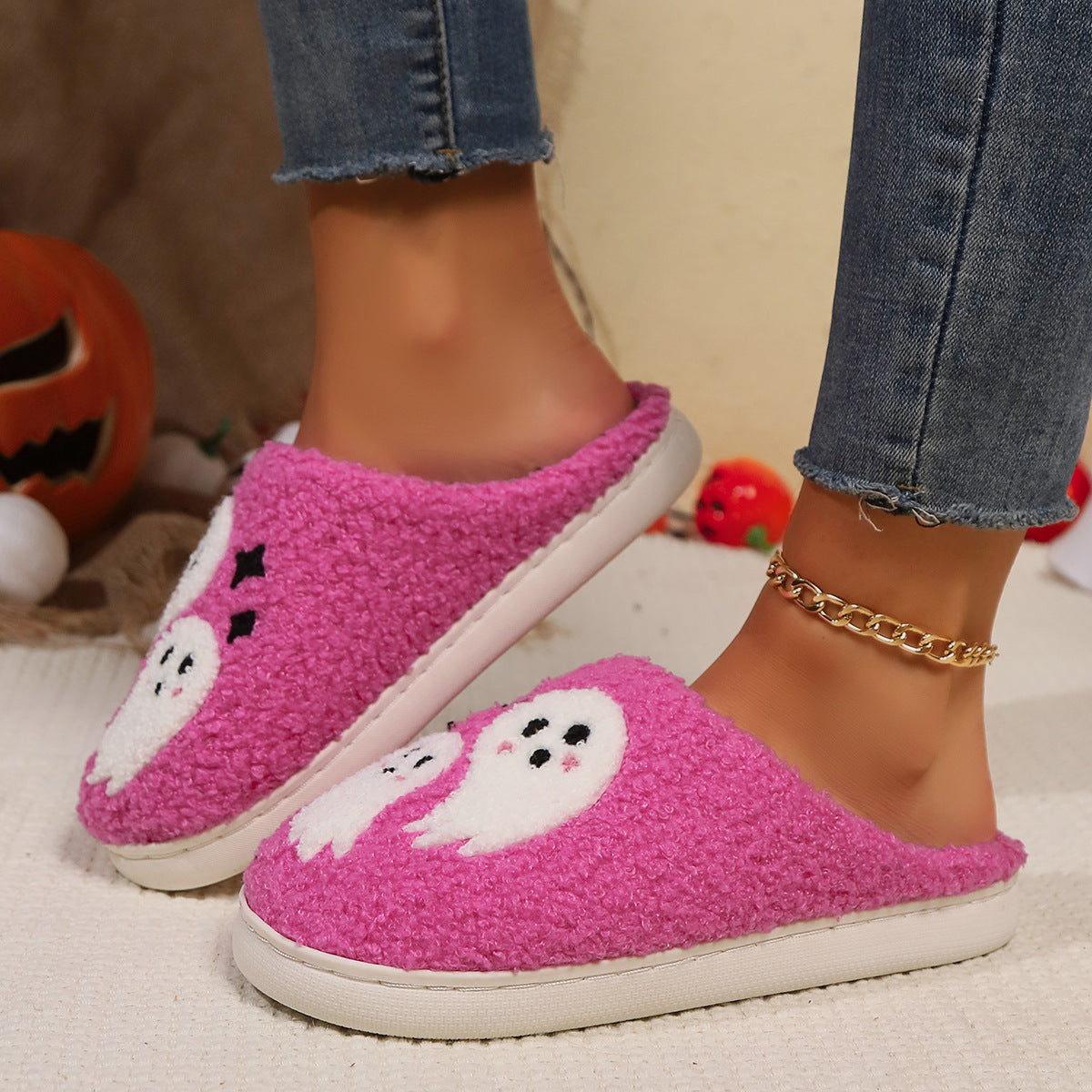 Halloween Cartoon Ghost Cotton Slippers For Women Indoor Non-slip Bedroom Floor Slipper Winter House Shoes 🇬🇧