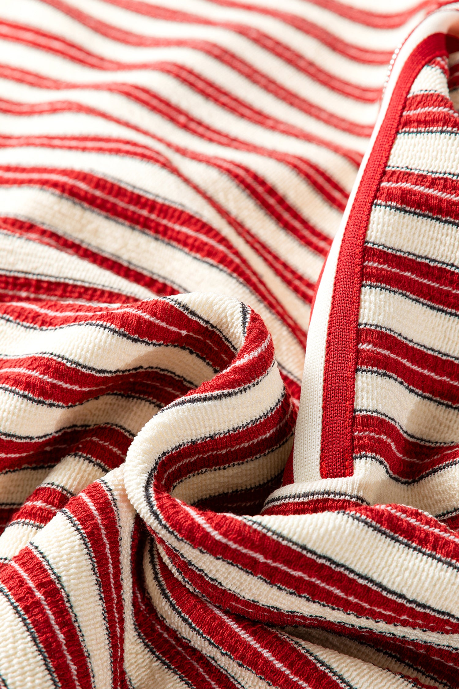 Racing Red Striped Print Contrast Collar Zip V Neck Long Sleeve Top 🇺🇸