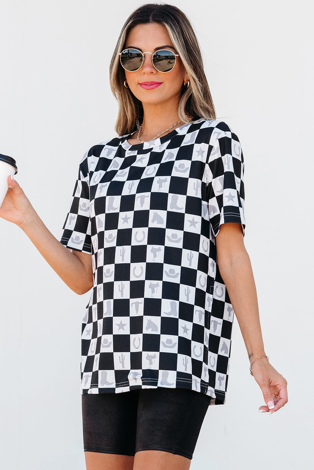 Black Western Fashion Checkerboard Print Side Split T Shirt 🇨🇳
