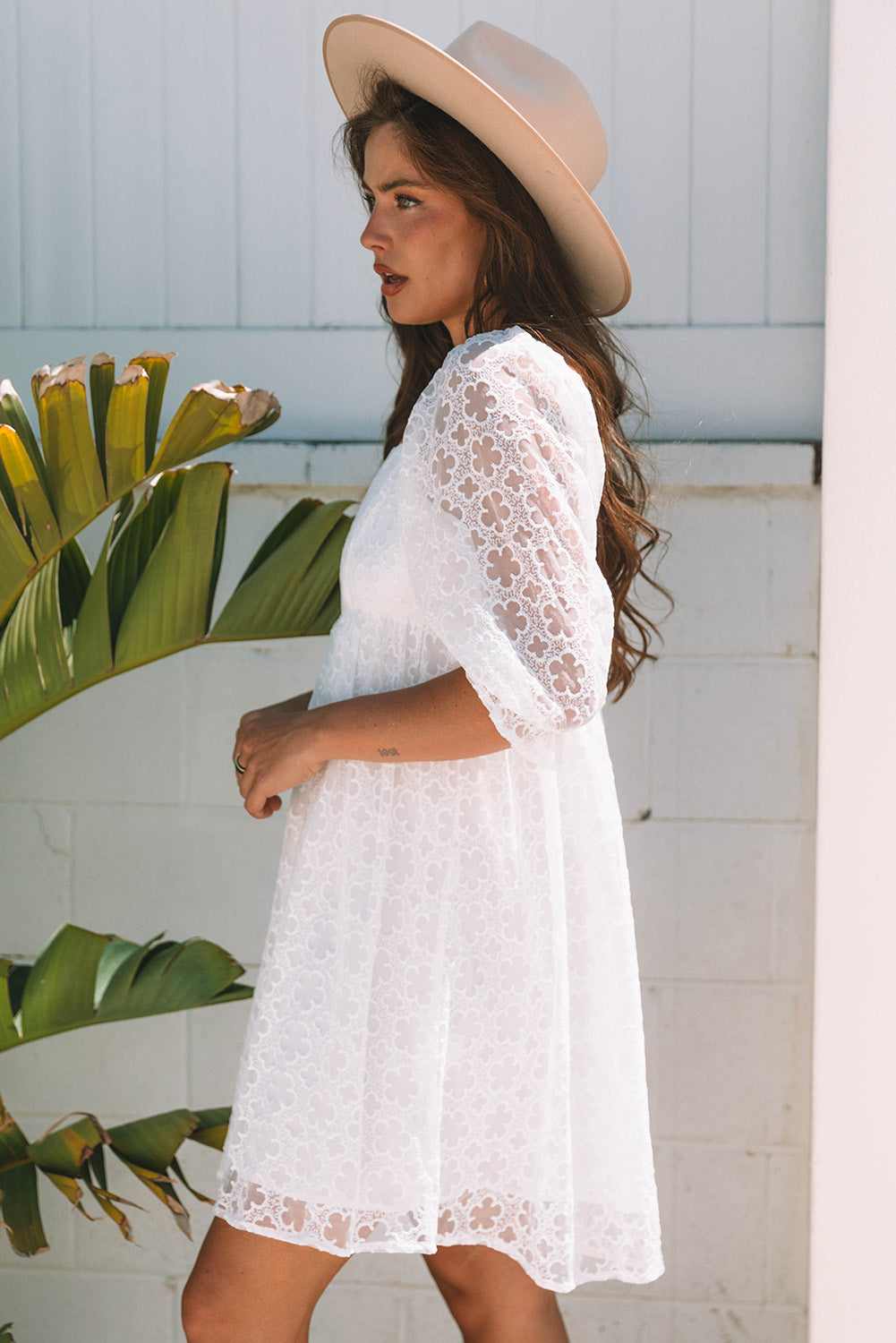 White Floral Lace Puff Sleeve Empire Waist Mini Dress 🇨🇳