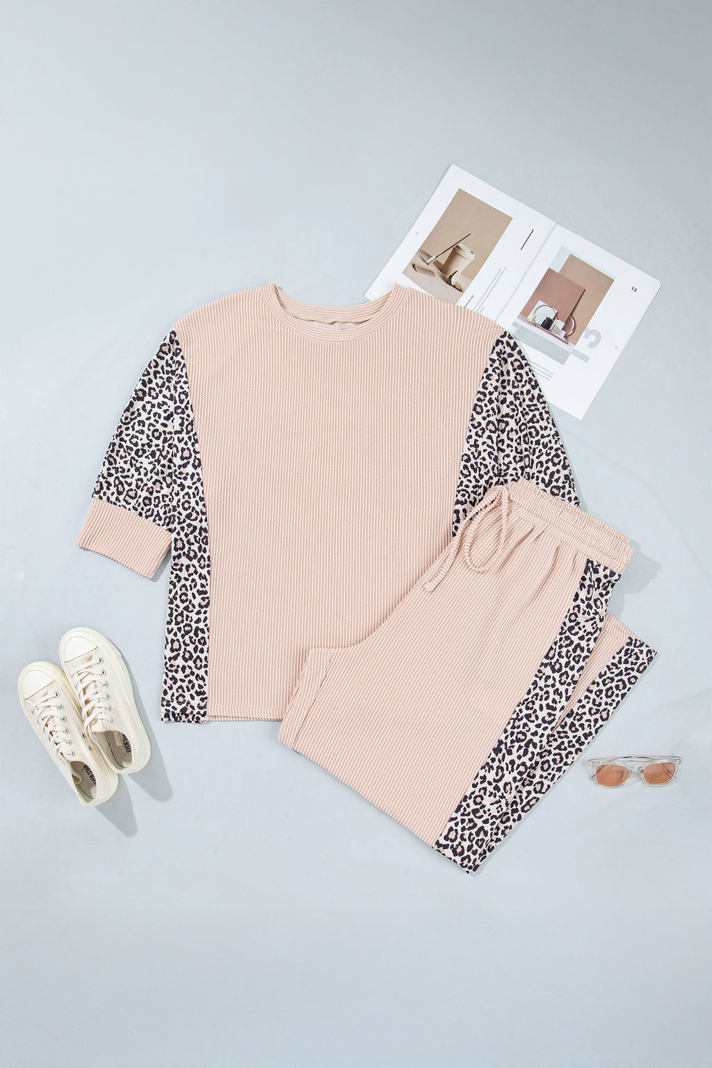 Light French Beige Leopard Print Ribbed Twist Long Sleeve Top Pants Plus Size Set 🇺🇸