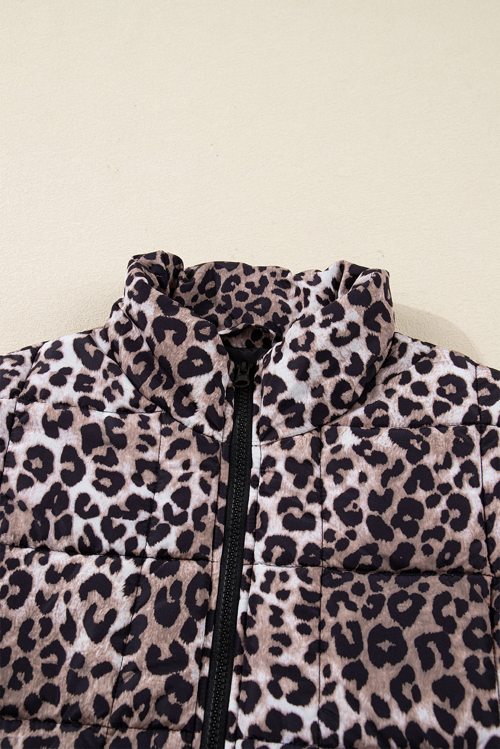 Brown Leopard Quilted Full Zipper Casual Puff Vest 🇺🇸