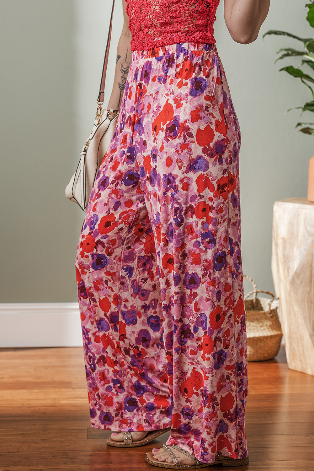 Purple Floral Wide Leg Elastic High Waist Pants 🇨🇳